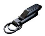 Supplier view of the black Phantom belt clip with two overlapping key rings.