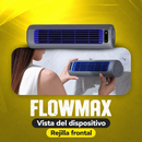 Dispositivo FlowMax de cuerpo alargado y rejilla frontal, junto a una persona sosteniéndolo.