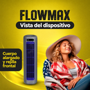 Dispositivo FlowMax en posición vertical junto a una persona sentada, con rótulos descriptivos en español.