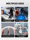 Infografía con cuatro escenas de reparación electrónica, placas, tubos termorretráctiles y ensamblaje, con rótulos en español.