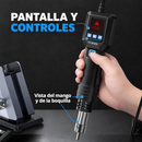 Detalle de la pantalla, los controles, el mango y la boquilla de la herramienta FNIRSI.