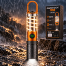 Linterna GlowHook X10 con gancho naranja y luz lateral iluminada junto a su caja en una escena de salpicaduras de agua