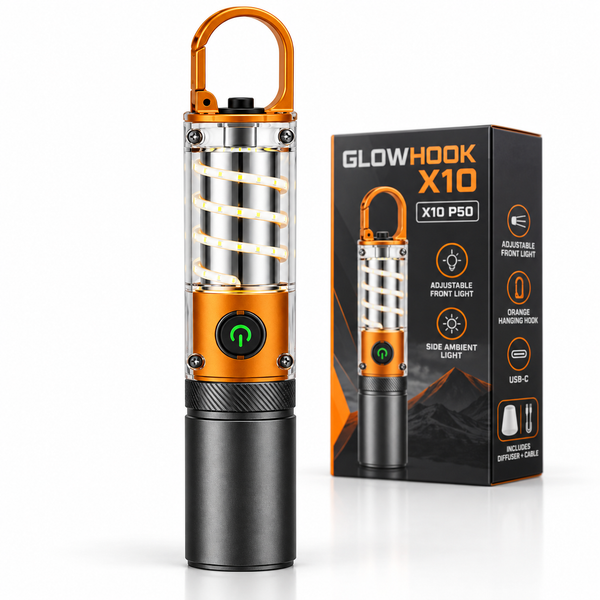 GlowHook X10 — Linterna multifuncional para exteriores y lámpara de camping con luz ambiental y gancho