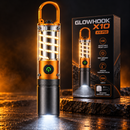 Linterna GlowHook X10 con gancho para colgar naranja y luces delanteras y laterales iluminadas junto a su caja en una escena oscura de estudio