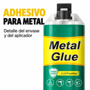 Detalle del envase verde y amarillo y del aplicador de adhesivo para metal.