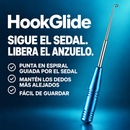 Extractor de anzuelos HookGlide azul con varilla metálica y etiquetas de uso sobre fondo azul.