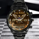 Reloj negro personalizado para veteranos con emblema de U.S. Navy y nombre en la carátula