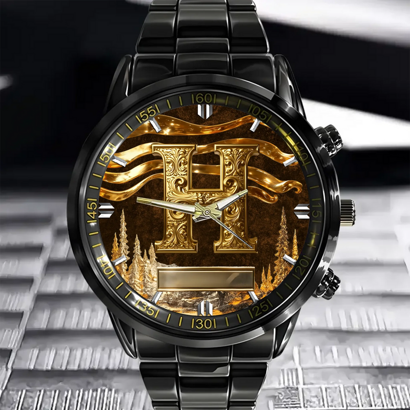 Reloj negro personalizado con esfera dorada de aspecto metálico e inicial