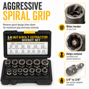 Infografía del juego de vasos extractores de tuercas que muestra interiores con agarre en espiral y ejemplos de sujetadores dañados