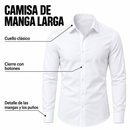Camisa blanca de manga larga con cuello clásico y cierre de botones.