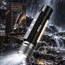 Linterna NexTool 6 en 1 junto a su caja en una escena de salpicaduras de agua