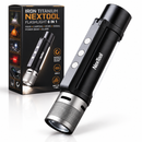 Linterna negra y plateada NexTool 6 en 1 junto a su caja sobre un fondo blanco