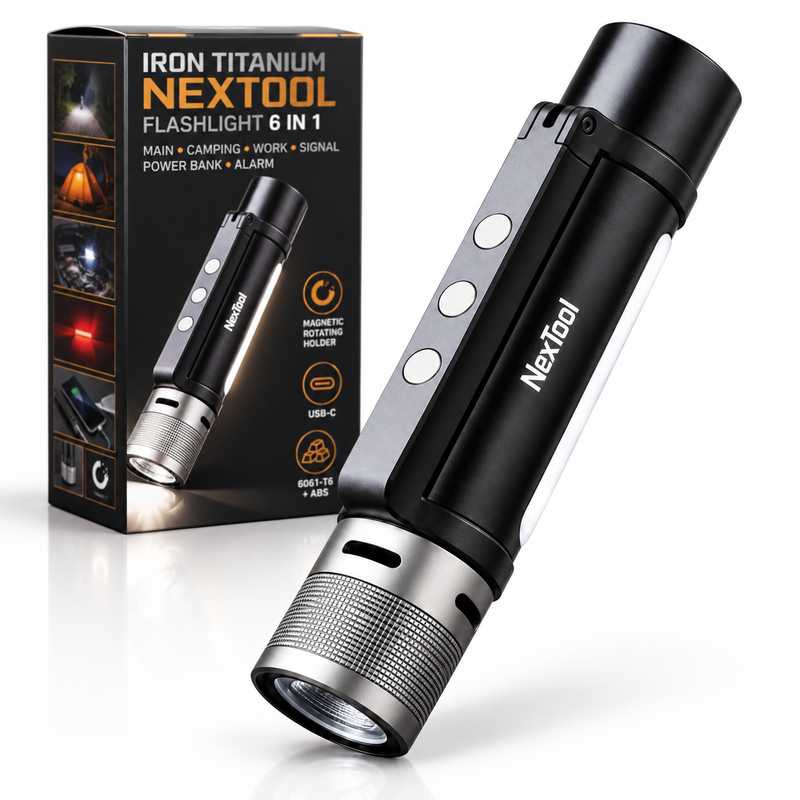 Linterna negra y plateada NexTool 6 en 1 junto a su caja sobre un fondo blanco