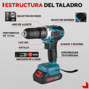 Diagrama de un taladro ONEVAN verde azulado y negro con rótulos en español que identifican sus partes y controles visibles.