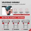 Diagrama del gatillo y del selector de dirección de un taladro ONEVAN, con etiquetas en español y flechas de avance y reversa.
