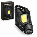 Linterna de llavero negra Onyxclip LED y COB con caja premium sobre fondo blanco