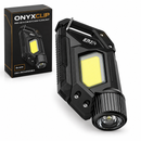 Linterna de llavero negra Onyxclip LED y COB con caja premium sobre fondo blanco