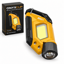 Linterna de llavero amarilla Onyxclip LED y COB con caja premium sobre fondo blanco
