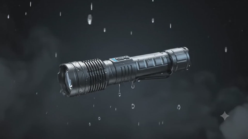 Demostración de la linterna Titanium Laser Pro en contacto con agua en un video sin sonido