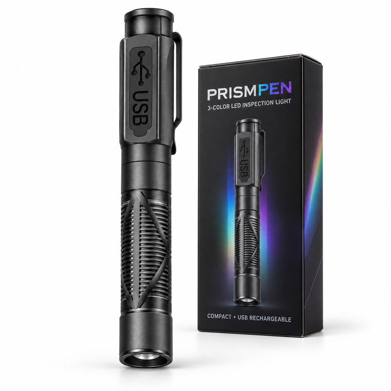 Linterna tipo lápiz recargable de tres colores PrismPen negra junto a su caja premium sobre un fondo blanco
