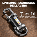 Linterna de llavero negra y metálica con mosquetón y tira LED/COB sobre una superficie de madera.