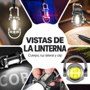 Collage de vistas de la linterna de llavero, su cuerpo, luz lateral y clip.