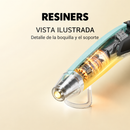 Vista ilustrada de una pistola de calor Resiners y su soporte, con rótulos descriptivos en español.