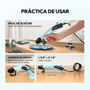 Tres vistas de una pistola de calor Resiners azul claro: uso manual, apoyo sobre la mesa y vista lateral con el cable.