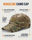 Beneficios de la gorra de camuflaje Ridgeline: tejido de polialgodón, ventilaciones cortadas con láser, correa para sujetar gafas, correa de nailon ajustable con soporte para parche, protección solar UV