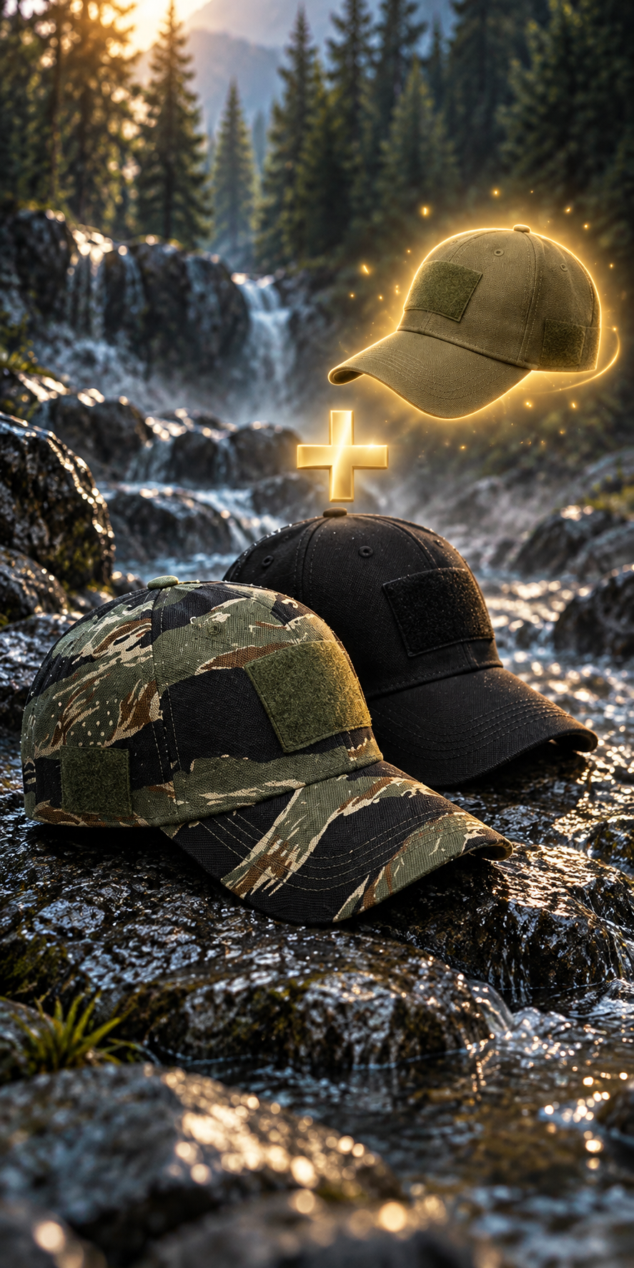 Tres gorras Ridgeline con la tercera gorra gratuita resaltada en dorado