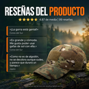 Gorra de camuflaje Ridgeline sobre un tronco, junto a tres extractos del archivo de reseñas del producto, con media de 4.87 y 99 reseñas.