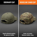 Gorra normal versus gorra de camuflaje Ridgeline: ventilaciones cortadas con láser y correa para sujetar gafas