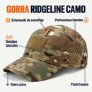 Gorra Ridgeline Camo con detalles de la visera, paneles y perforaciones; rótulos descriptivos en español.