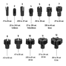 Doce adaptadores numerados del kit Site Right 2.0, con las medidas de referencia indicadas en la imagen.