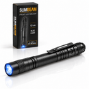 Linterna tipo lápiz negra SlimBeam con luz azul y caja premium sobre fondo blanco