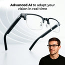 Lentes SmartVision y un hombre usándolas junto a un gráfico de visión adaptativa