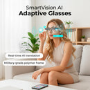 Mujer con lentes SmartVision junto a un gráfico de traducción y marco