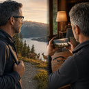 Gráfico de grabación al aire libre con lentes SmartVision, dos hombres y un teléfono