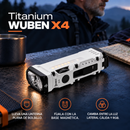 Linterna blanca WUBEN X4 sobre una mesa de campamento, con tres rótulos en español sobre transporte, base magnética y luz lateral.