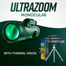 Banner promocional UltraZoom con monocular, adaptador para teléfono y trípode.