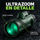 Detalle del monocular UltraZoom verde y negro, su lente y superficie texturizada.