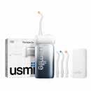 Irrigador bucal usmile C10 azul grisáceo con boquillas, estuche y caja sobre fondo blanco.