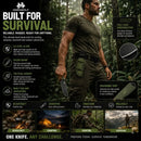Gráfico de características del cuchillo WOLFSTRIKE que muestra la funda, la hoja y el uso en exteriores