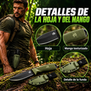 Detalle de la hoja, el mango texturizado verde y la funda del cuchillo.