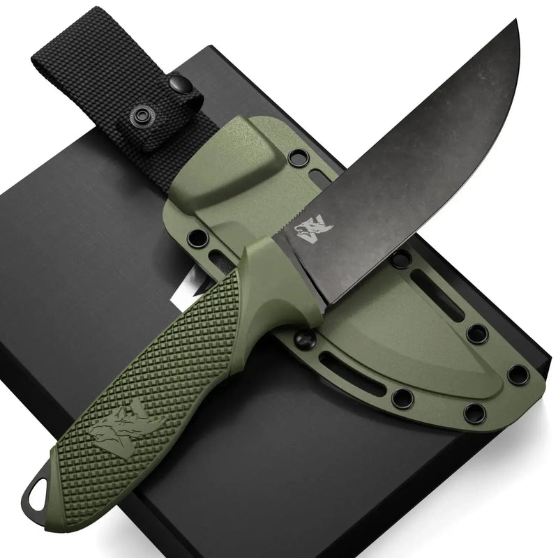 WOLFSTRIKE D2 cuchillo de hoja fija con funda verde y clip para cinturón