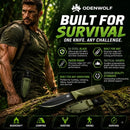 Gráfico de cuchillo de supervivencia WOLFSTRIKE con especificaciones de hoja y escena al aire libre