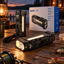 Dos vistas de un WUBEN X4 negro con cálidas luces laterales junto a su caja y aparejos de pesca en una mesa junto al lago