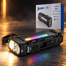 WUBEN X4 negro con frente iluminado y luces laterales RGB multicolor al lado de su caja en una escena de estudio oscura